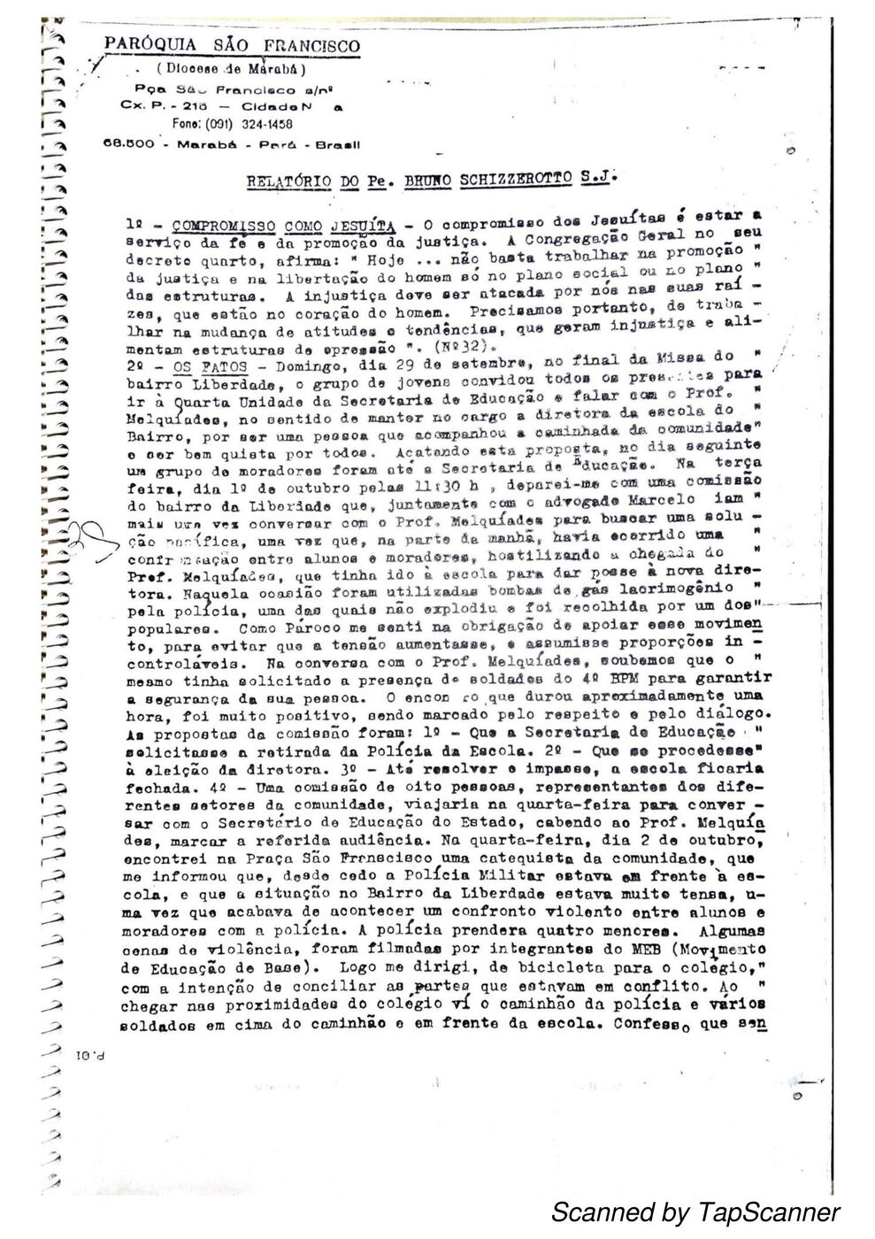 Primeira página do relatório datilografado do Padre Bruno Schizzerotto à Diocese de Marabá, datado de 6 de outubro de 1991, em papel timbrado da Paróquia São Francisco.