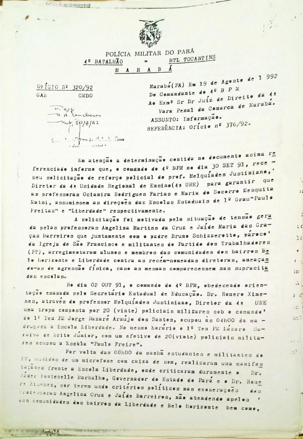 Ofício nº 320 de 1992 do 4º Batalhão da Polícia Militar do Pará, assinado pelo tenente-coronel João Hermenegildo de Sales, apresentando a versão oficial da corporação sobre os fatos.