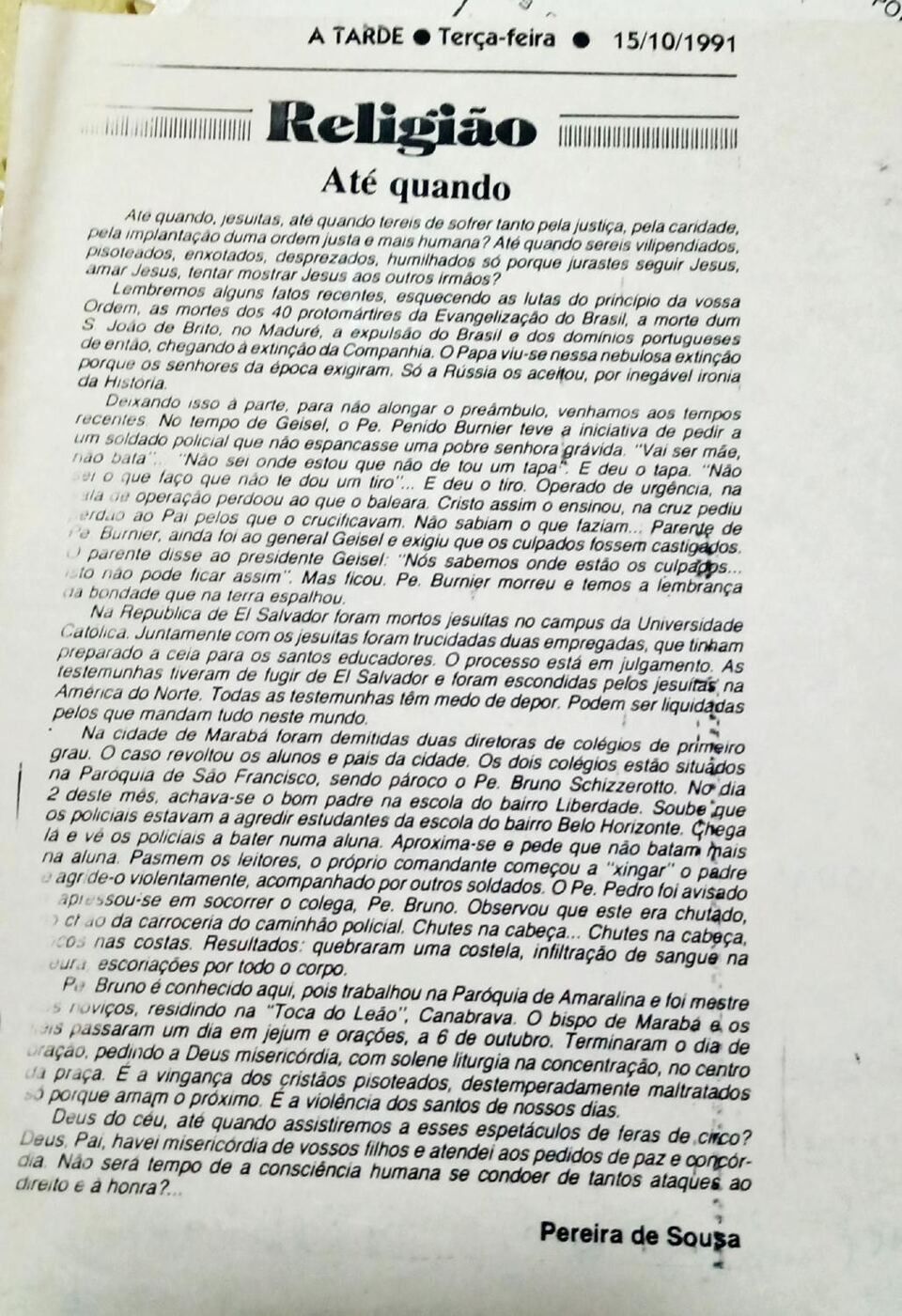 Recorte do jornal A Tarde, de Salvador, edição de 15 de outubro de 1991, com o artigo 'Até quando', na página de Religião, comparando o caso de Marabá a outras violências contra jesuítas.