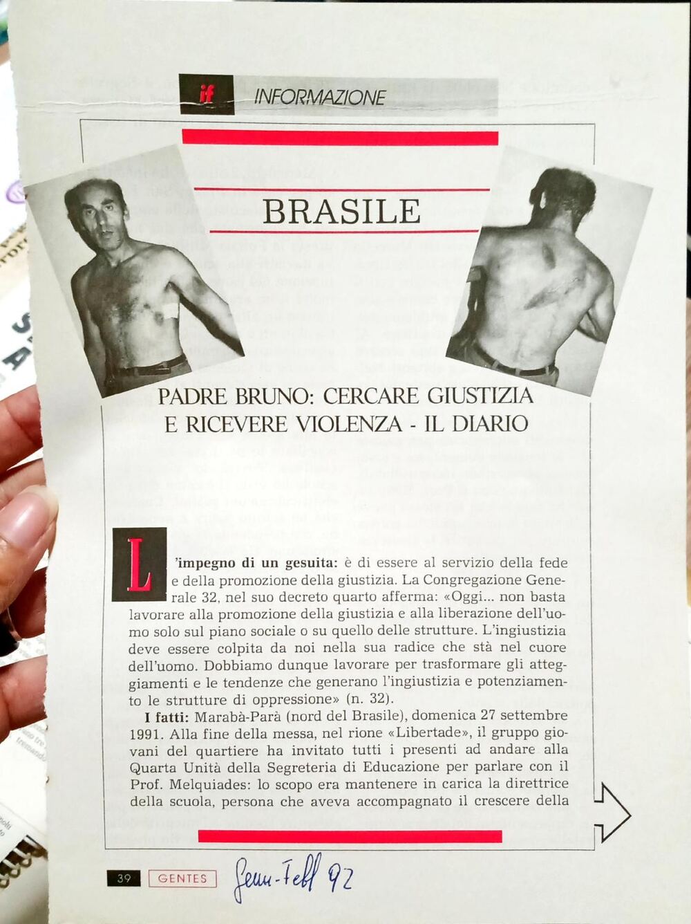 Página da revista italiana Gentes com o título 'Brasile — Padre Bruno: cercare giustizia e ricevere violenza', ilustrada com duas fotografias dos hematomas no tórax e nas costas do padre Bruno Schizzerotto.